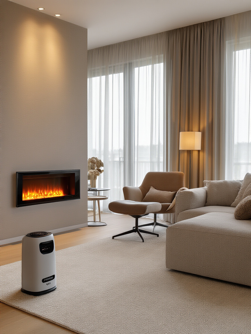 Cozy living room with electric fireplace as focal point and warm ambient lighting