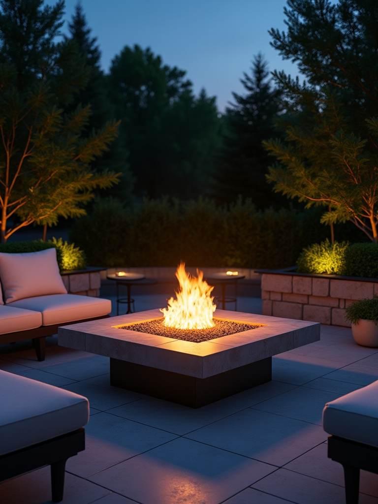Elegant backyard patio at twilight featuring a glowing, modern gas fire pit as a focal point, surrounded by comfortable outdoor seating and subtle landscape lighting, enhancing evening ambiance.