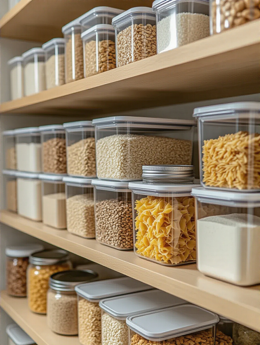Organized pantry shelf with clear, labeled, stackable containers holding bulk dry goods like rice and pasta, a smaller daily-use jar, and a scoop nearby.