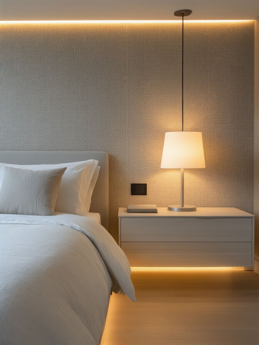 Serene bedroom with layered lighting, featuring recessed ambient light, a warm bedside table lamp for task lighting, and subtle accent LED strips, creating a cozy and functional space.
