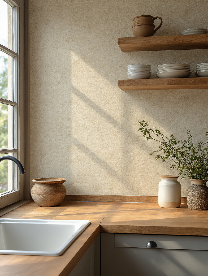 Portrait shot of a repaired wallpaper seam in a modern kitchen