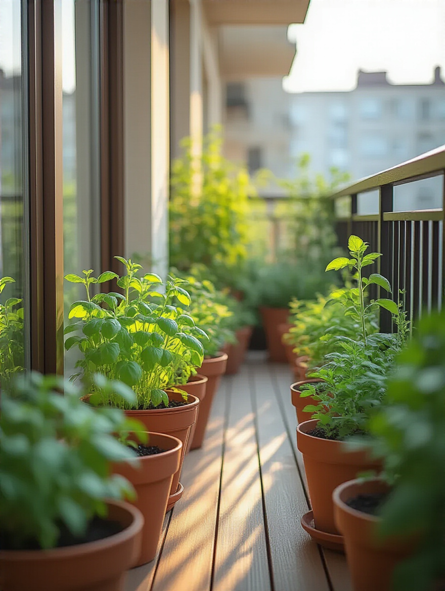 Portrait of balcony plants with yellowing leaves on a sunny balcony.