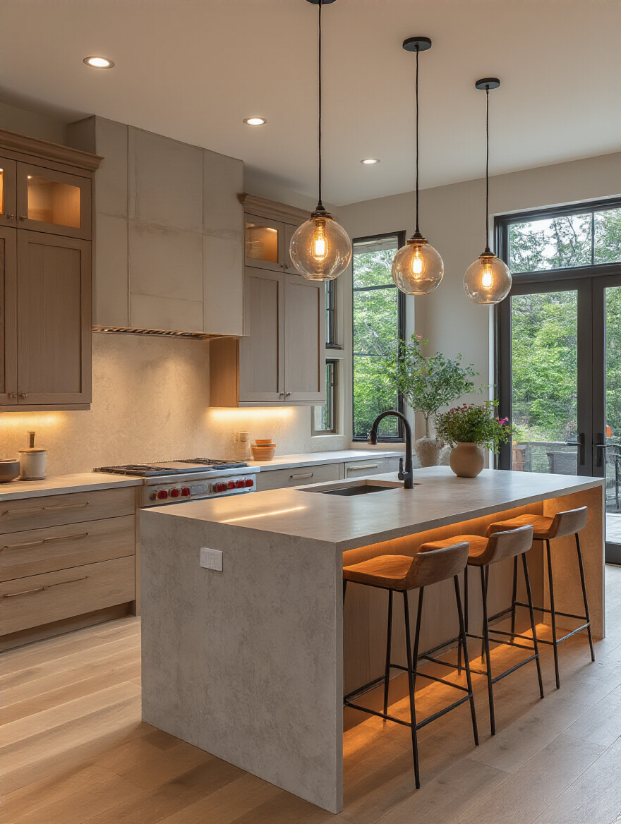 Portrait shot of a modern kitchen showing layered lighting and a wall dimmer switch