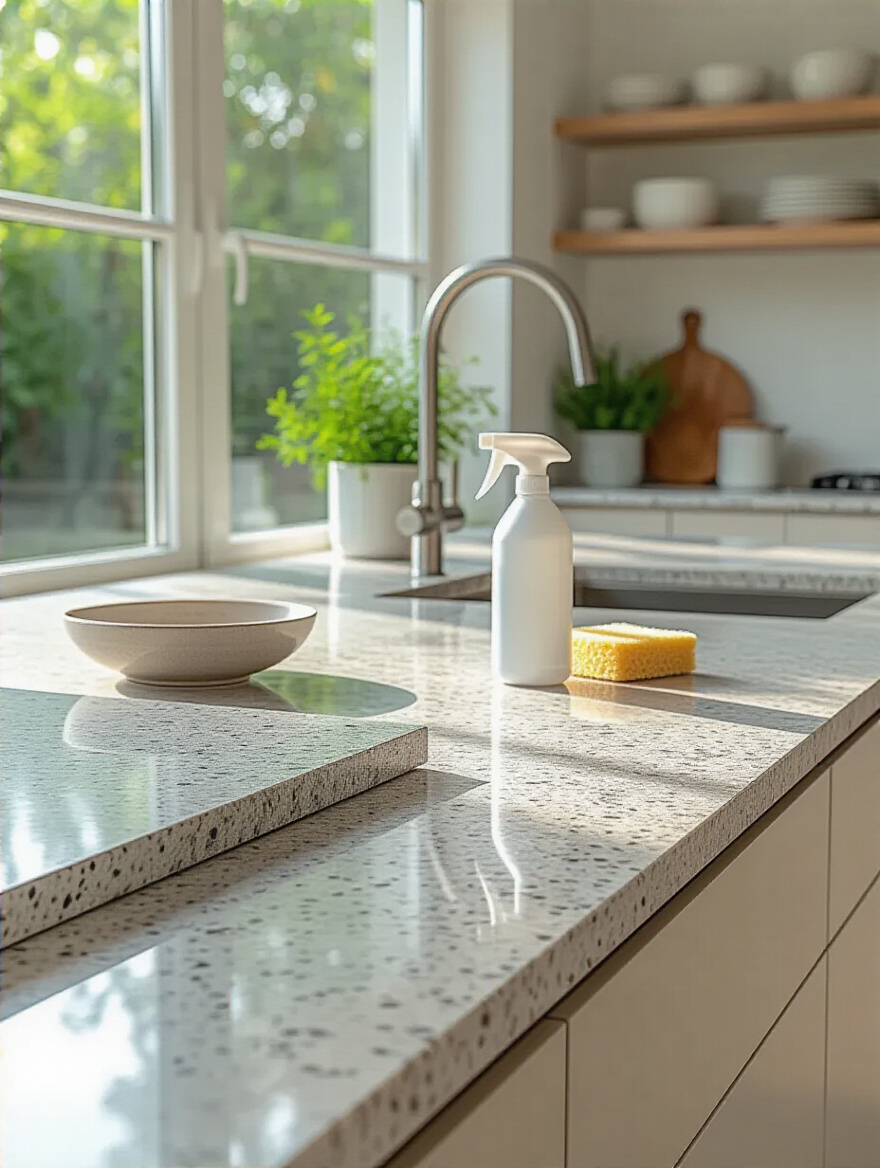 Vertical image of a modern kitchen island with multiple countertop materials and cleaning supplies