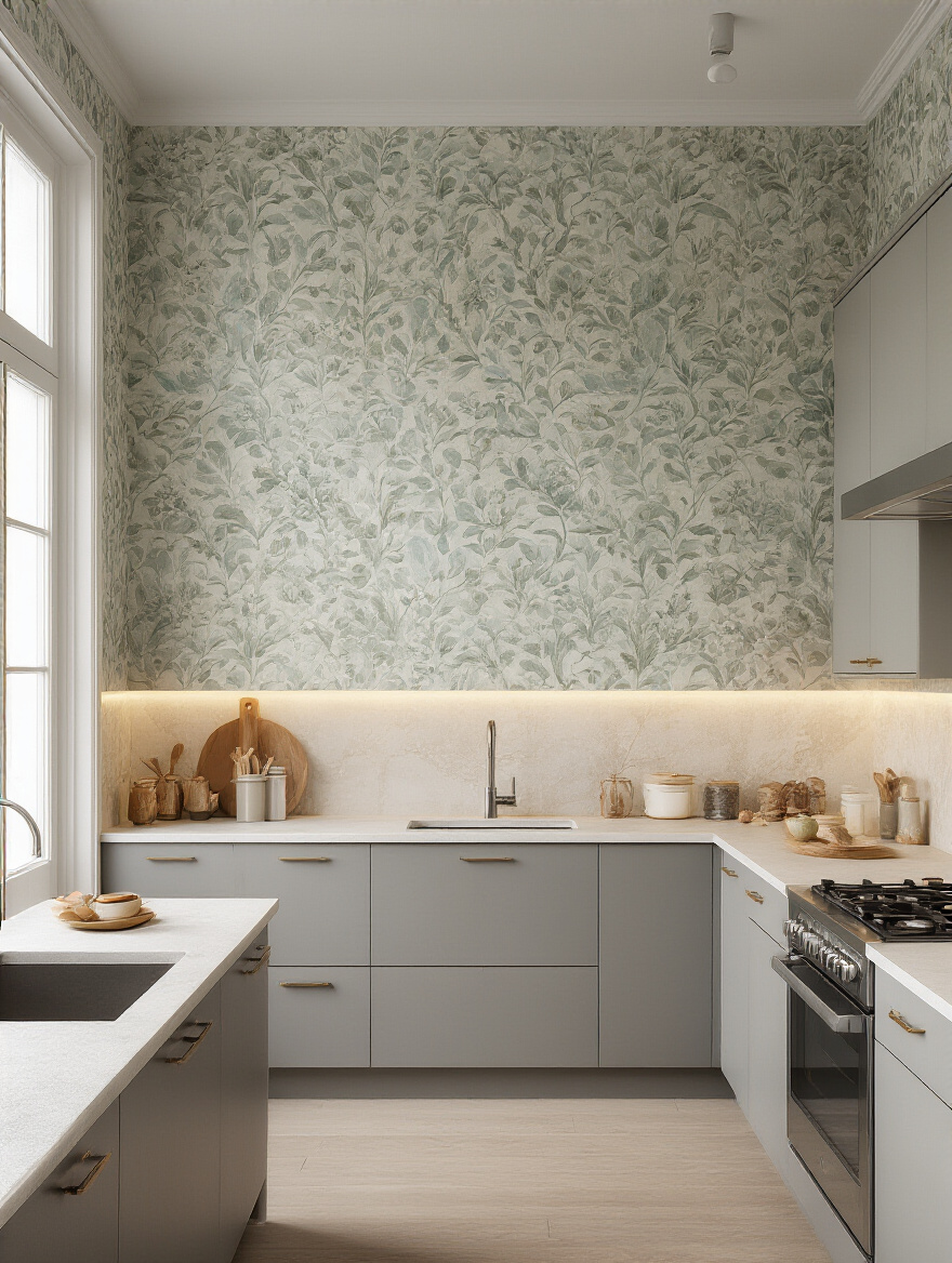 Vertical portrait of a modern kitchen with color-psychology wallpaper showing cool-to-warm mood gradient