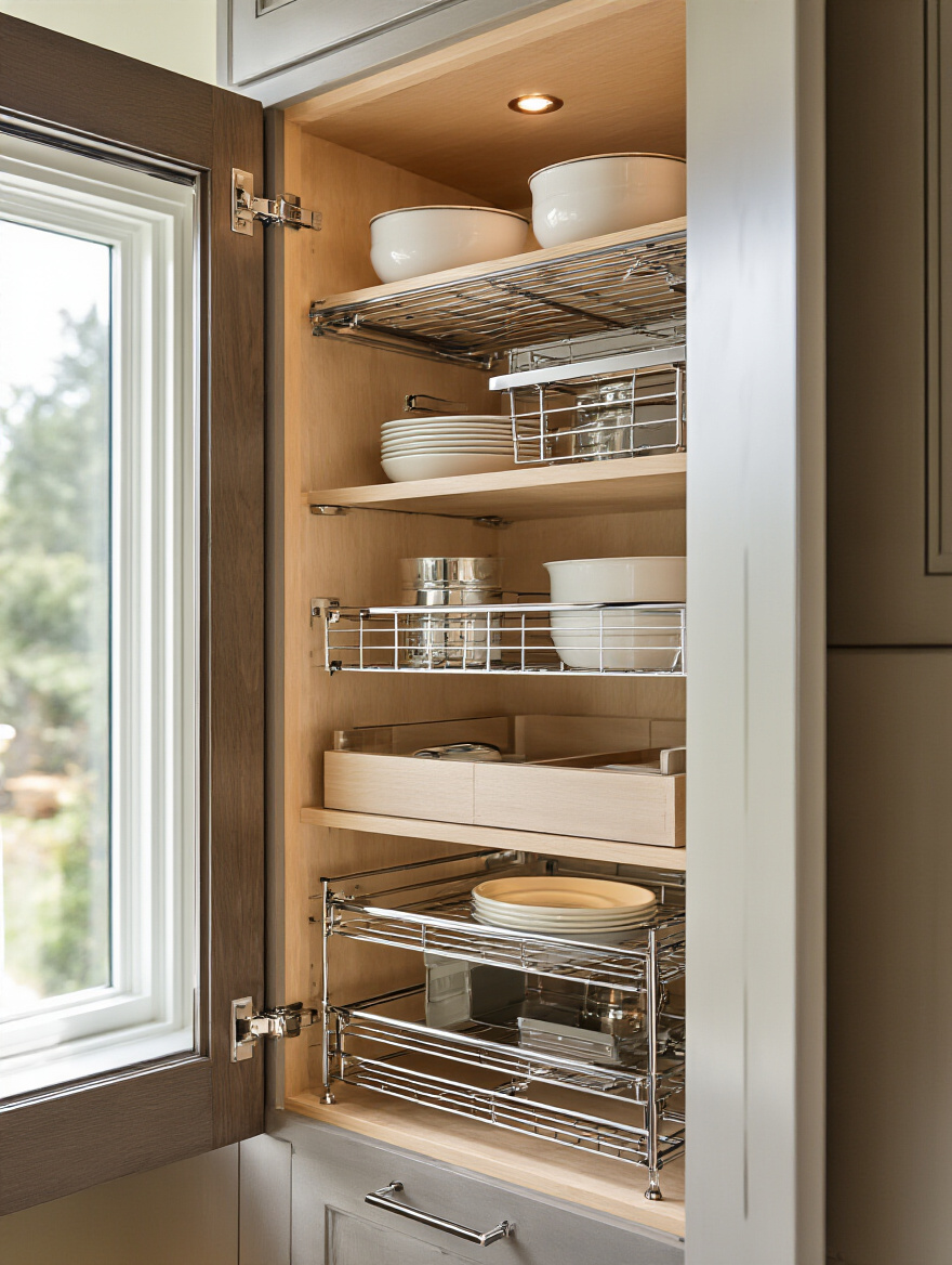 Open kitchen cabinet with upgraded organizers and pull-out drawers, clean and organized