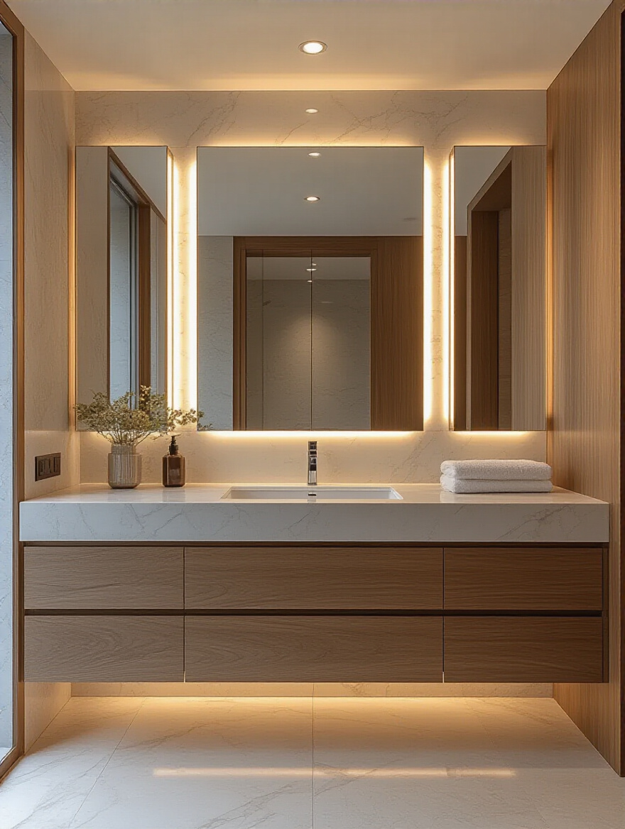 Modern bathroom vanity with upgraded LED lighting fixtures providing bright task light and soft ambient illumination.