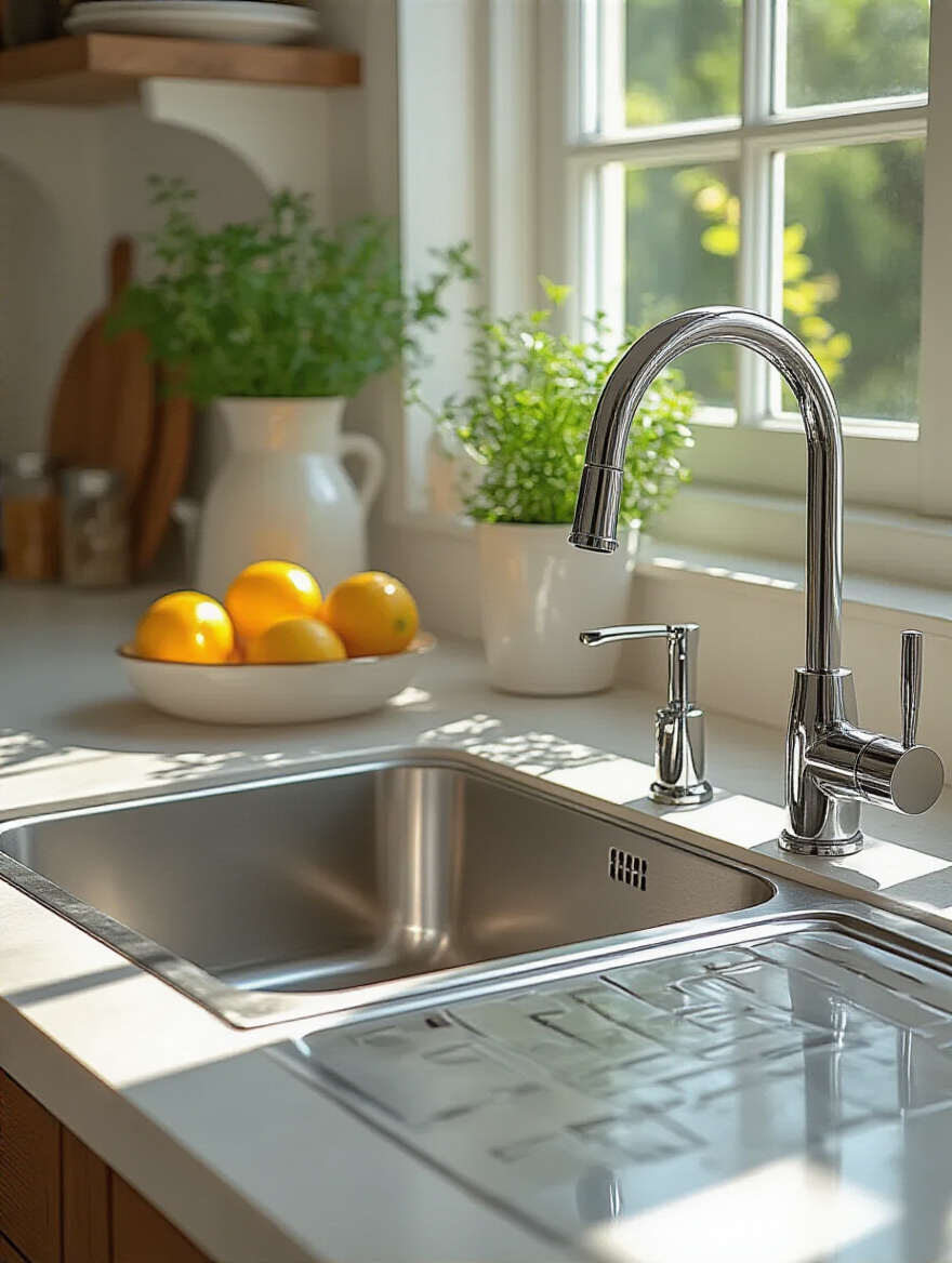 A modern kitchen with an extra-deep stainless steel sink and high-arc pull-down faucet, designed for improved food prep and cleanup.