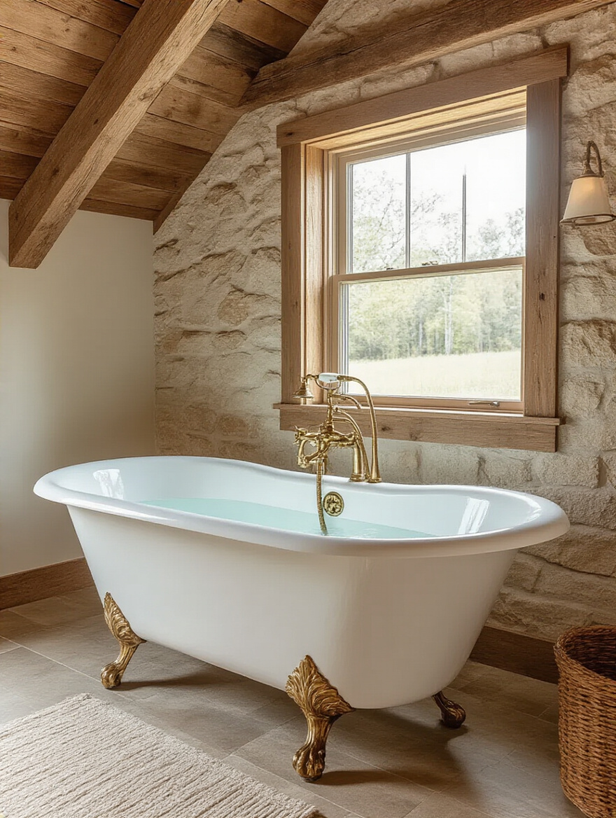 Clawfoot tub centerpiece in a rustic bathroom with stone walls