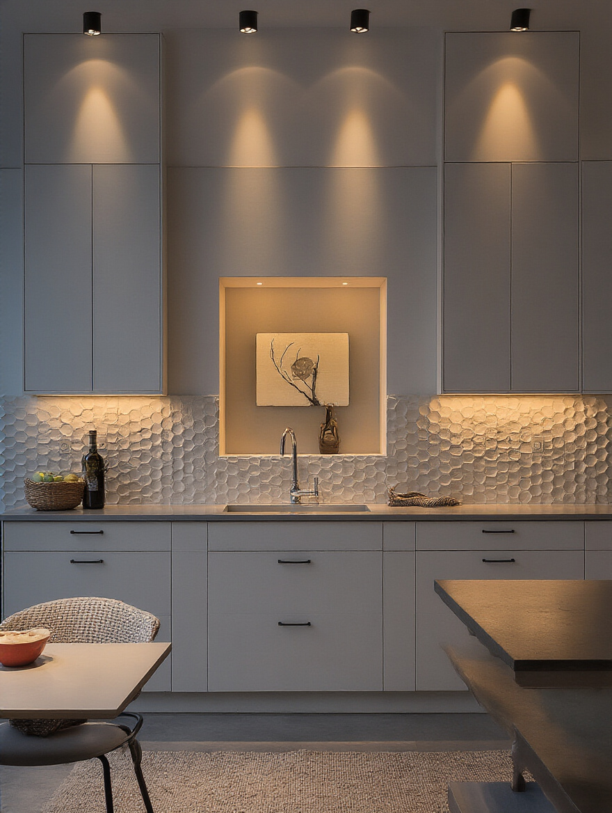 Portrait of a modern kitchen with accent lighting highlighting architectural features and artwork.