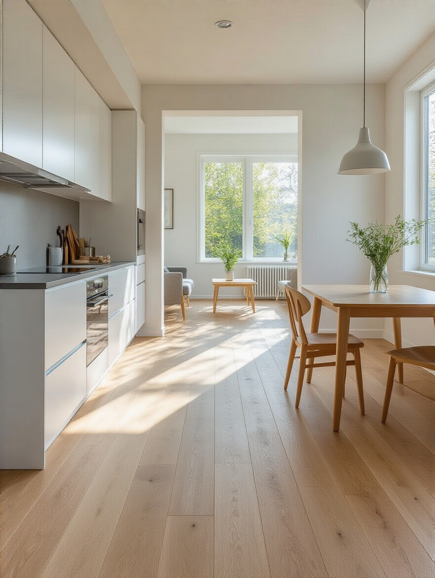 Seamless light engineered hardwood flooring extending from a modern small kitchen into an open dining area, visually expanding the space and blurring room boundaries.