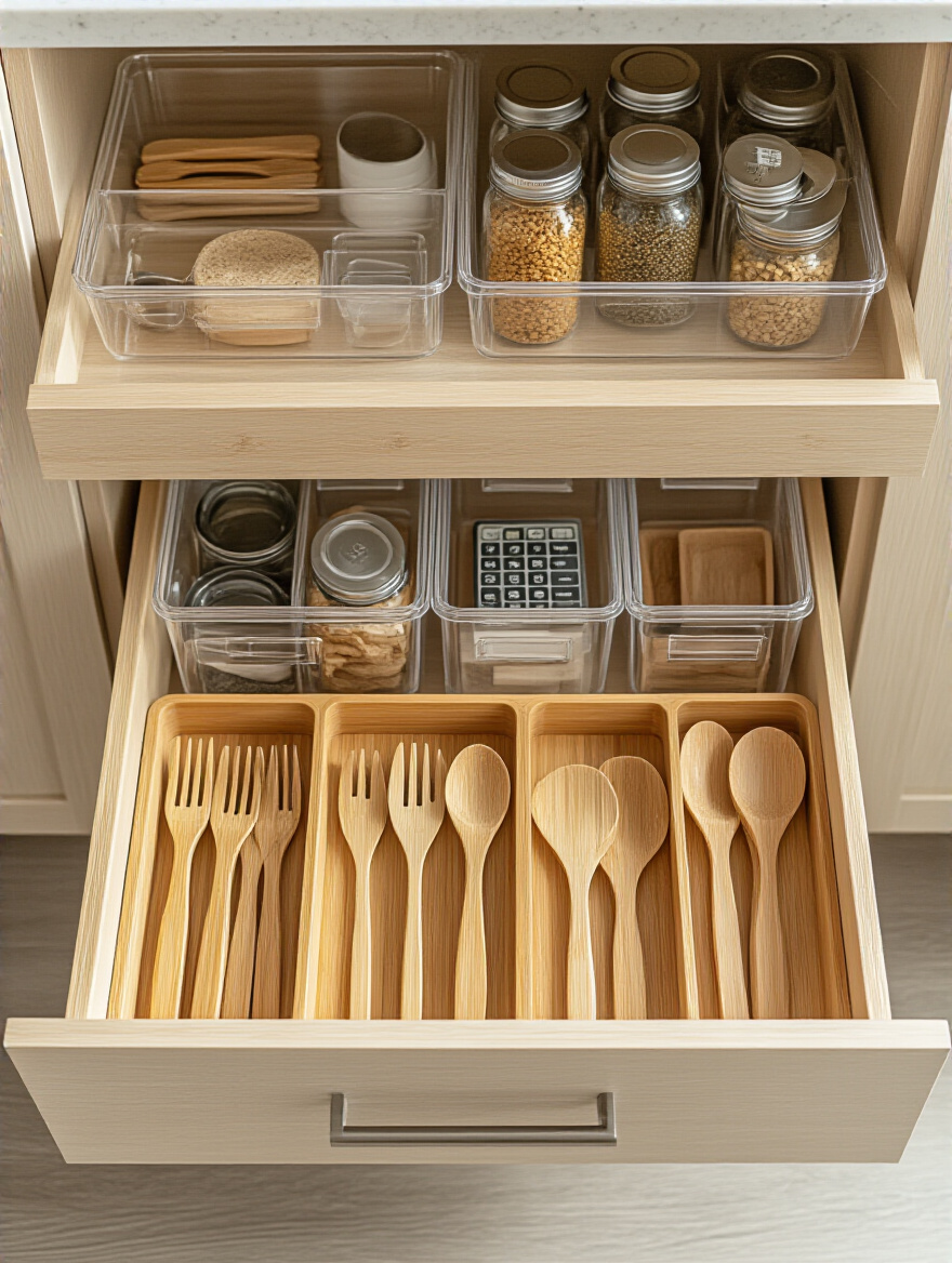 An overhead view of a sparkling clean kitchen drawer, meticulously organized with bamboo dividers and clear bins containing various kitchen utensils and spices.