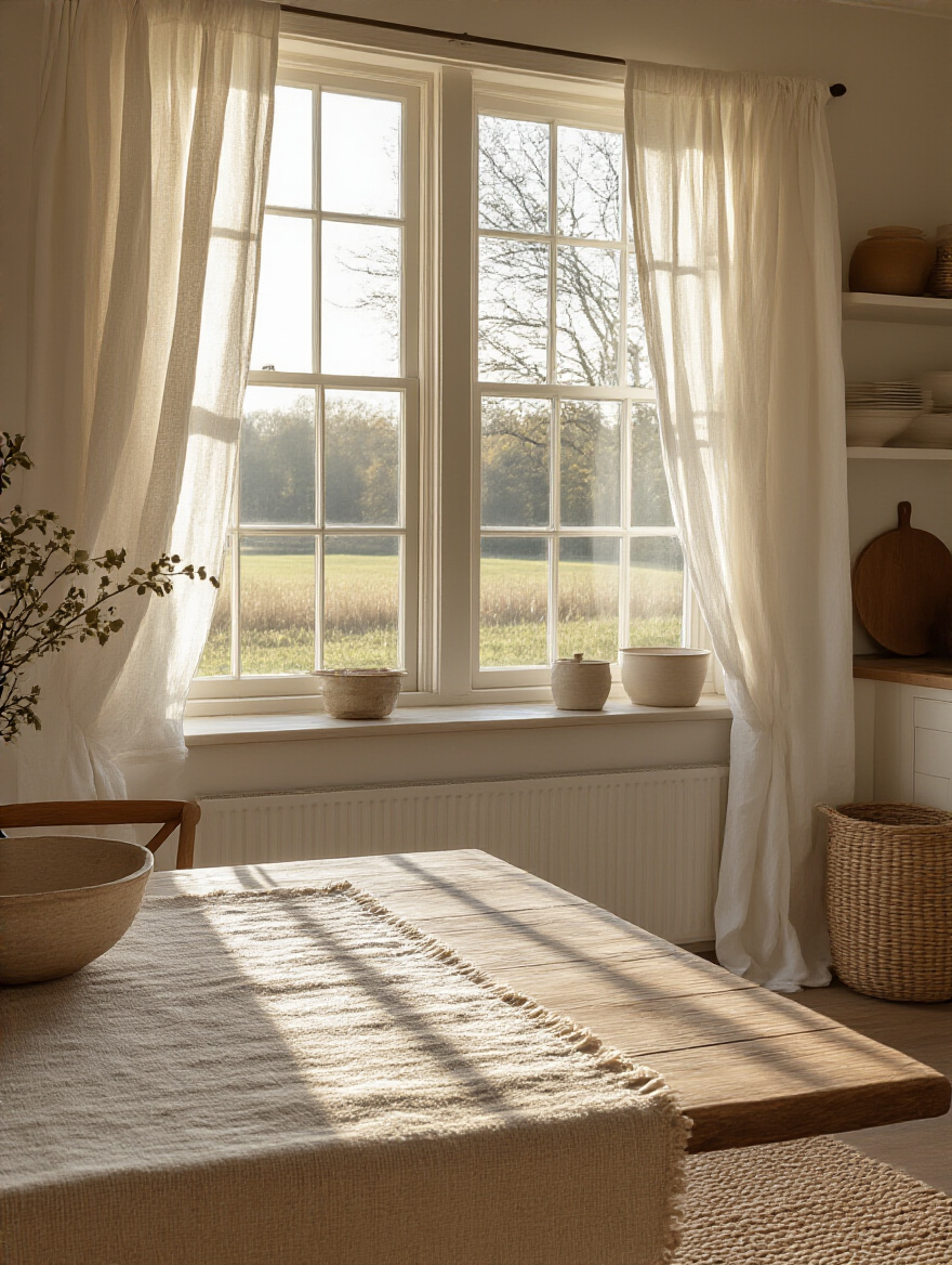 Farmhouse kitchen featuring natural linen cafe curtains, a cotton table runner, and a jute rug, creating a warm and comfortable atmosphere with natural materials.