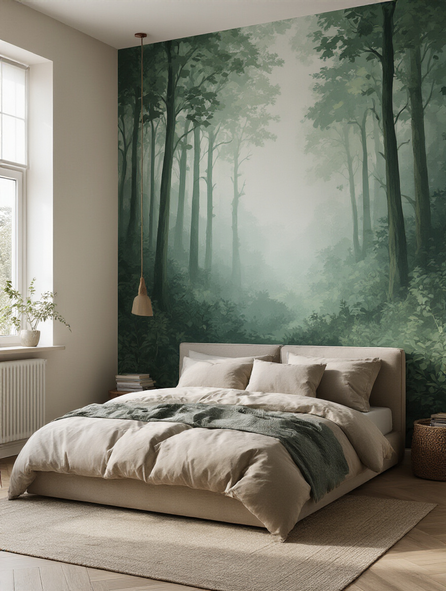 Bedroom with large wall decal mural behind bed