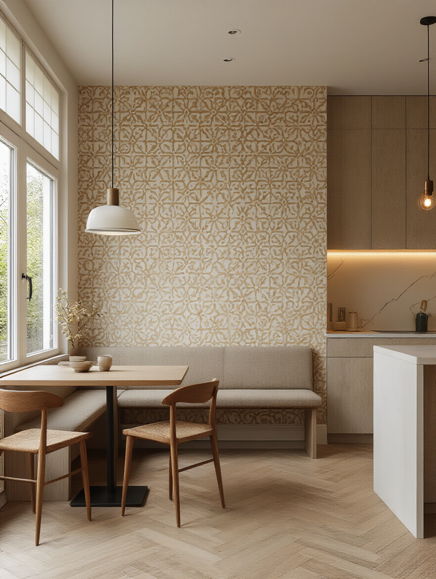 Portrait view of an open-concept kitchen with wallpaper-defined zoning.