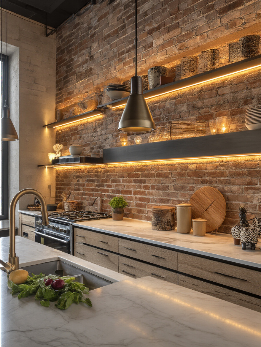 Portrait of a kitchen with accent lighting highlighting architectural features