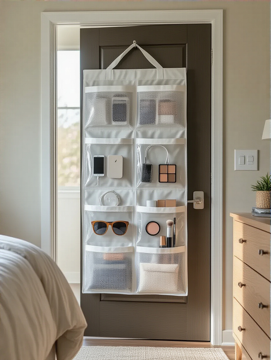 Back-of-Door pocket organizer over bedroom door with neatly stored items