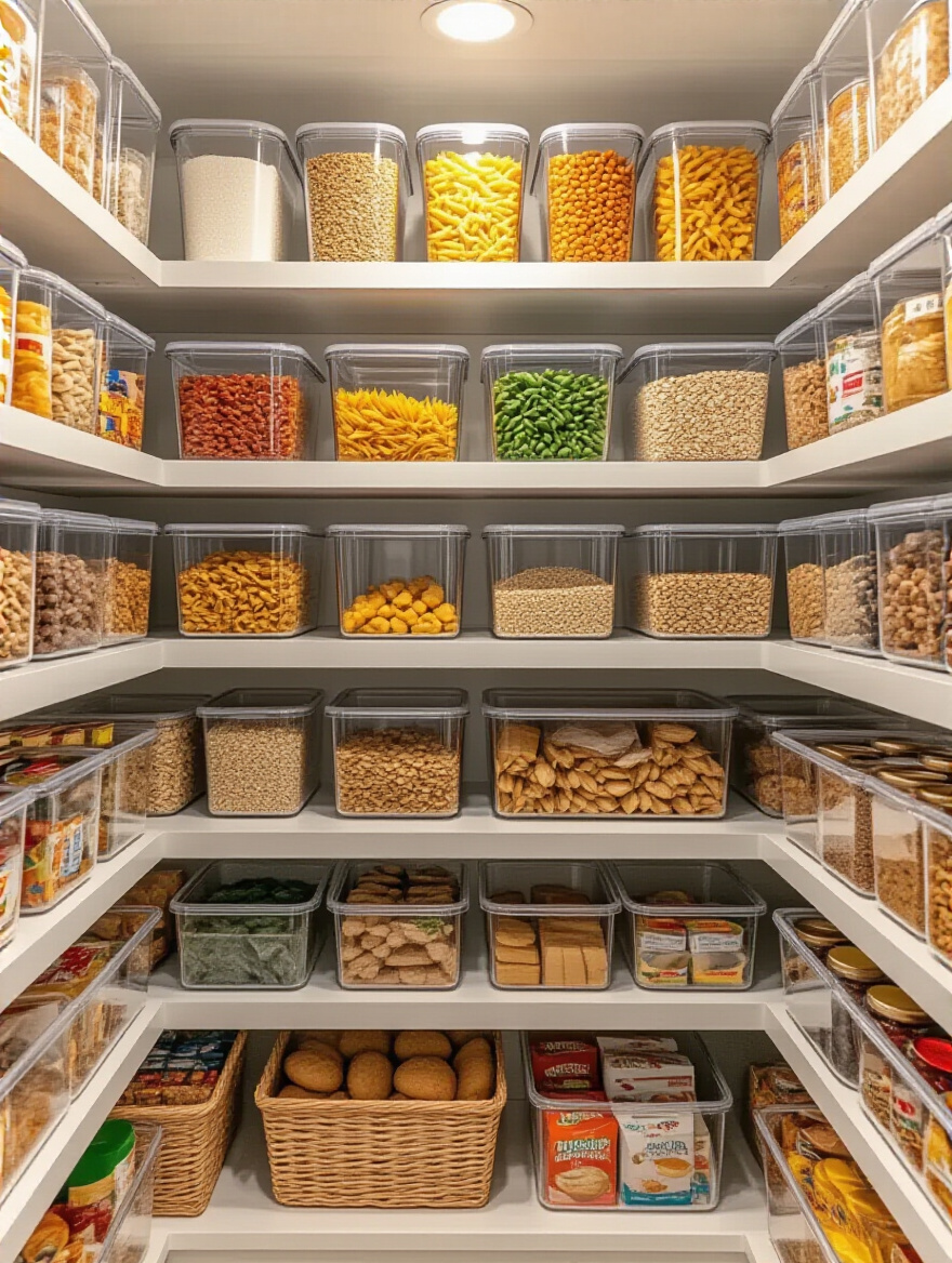 An impeccably organized kitchen pantry shelf filled with various clear bins and clear baskets, each neatly grouping different categories of food items like snacks, pastas, and cereals, showcasing efficient pantry storage solutions and clear visibility.