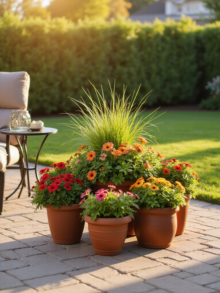 A colorful container garden display on a backyard patio, featuring vibrant annuals, herbs, and ornamental grasses in various terracotta and ceramic pots, creating flexible outdoor decor with seasonal interest.
