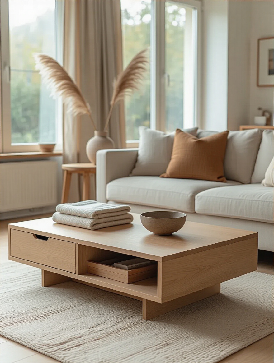 A modern living room featuring a light wood coffee table with discreet, hidden storage compartments, contributing to a clutter-free and serene aesthetic.