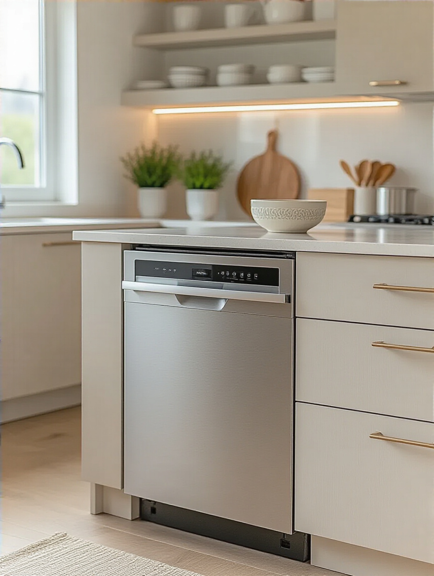 Sleek single drawer dishwasher integrated into light-colored kitchen cabinetry in a modern small kitchen, promoting space-saving and efficient appliance use.