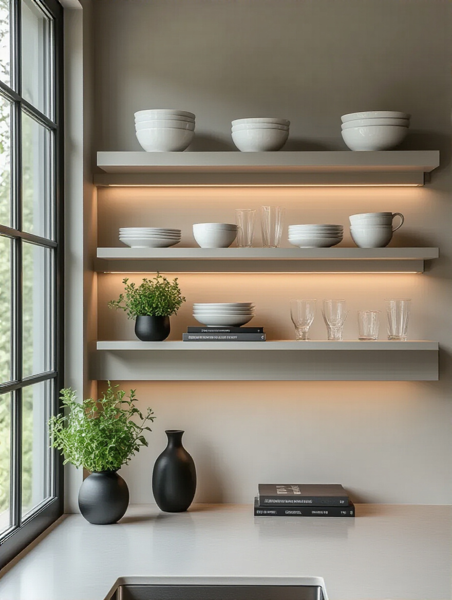 Portrait view of open shelving with decorative elements in a contemporary kitchen