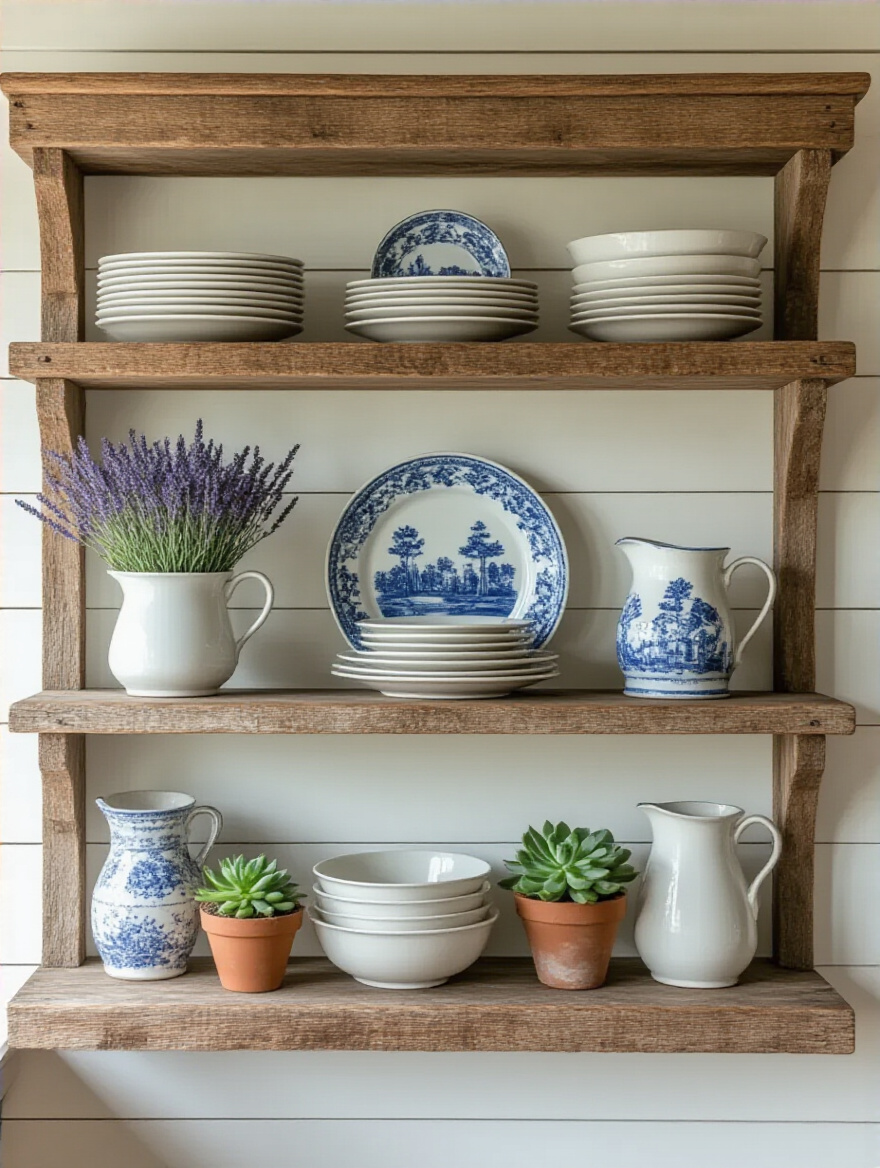 Farmhouse dining room with a long reclaimed wood open shelf displaying blue-and-white transferware plates, white ceramic bowls, a vintage pitcher, and succulents.