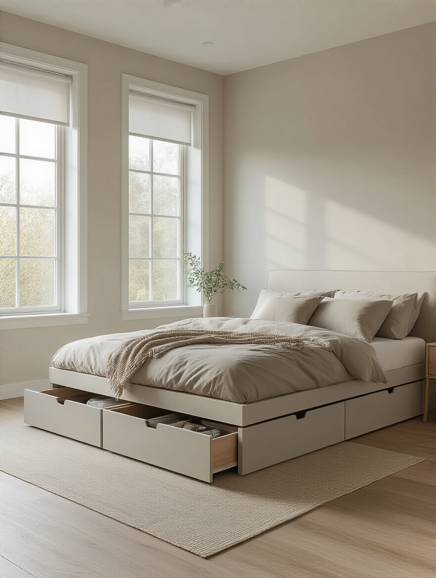 Bedroom with under-bed storage drawers showing organized space