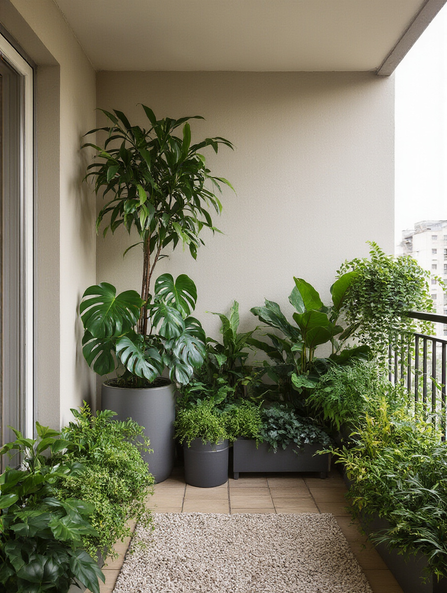 Vertical balcony garden with height variation and texture layering