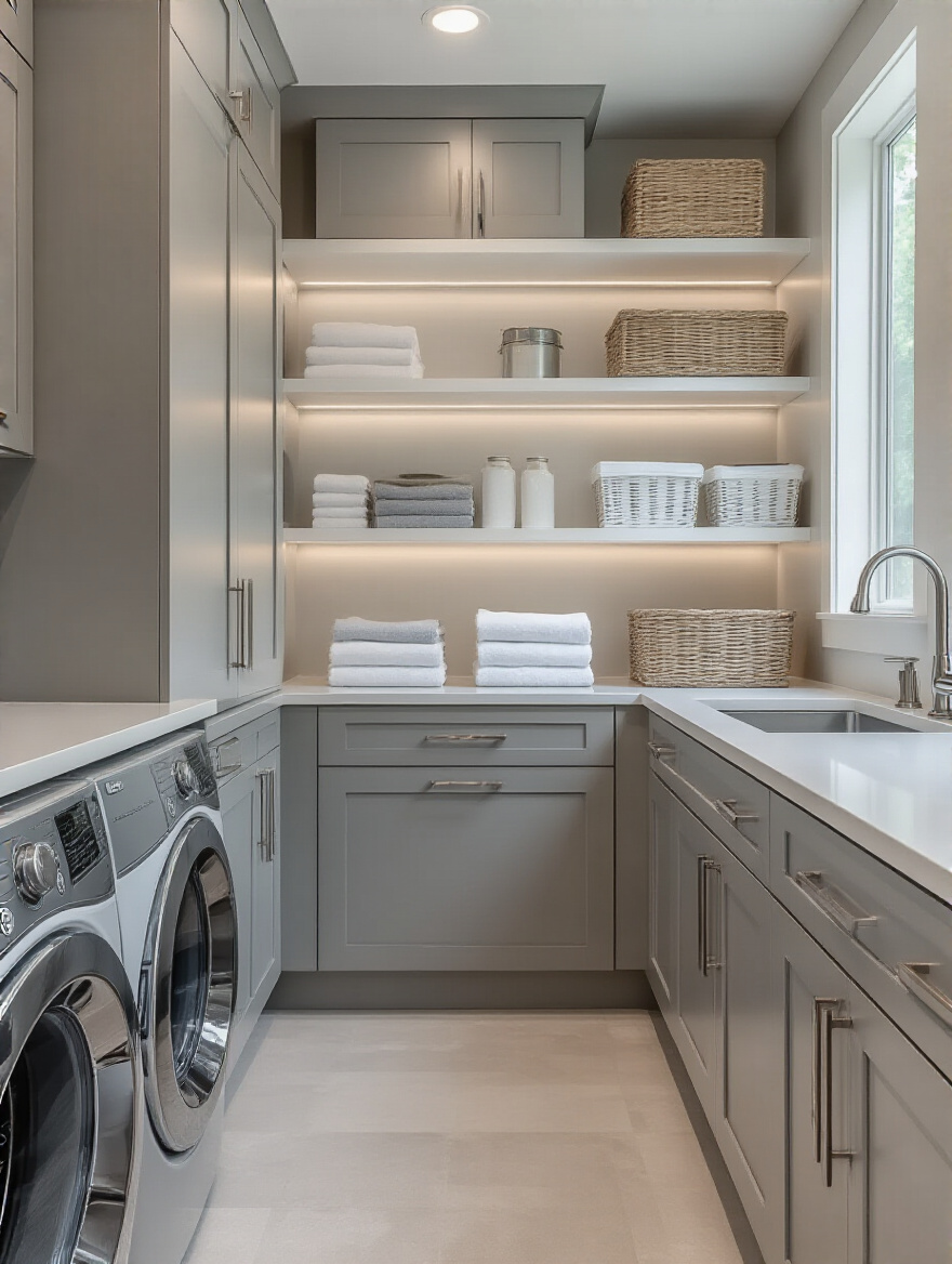 Laundry room portrait with tall cabinets and open shelving in vertical storage setup