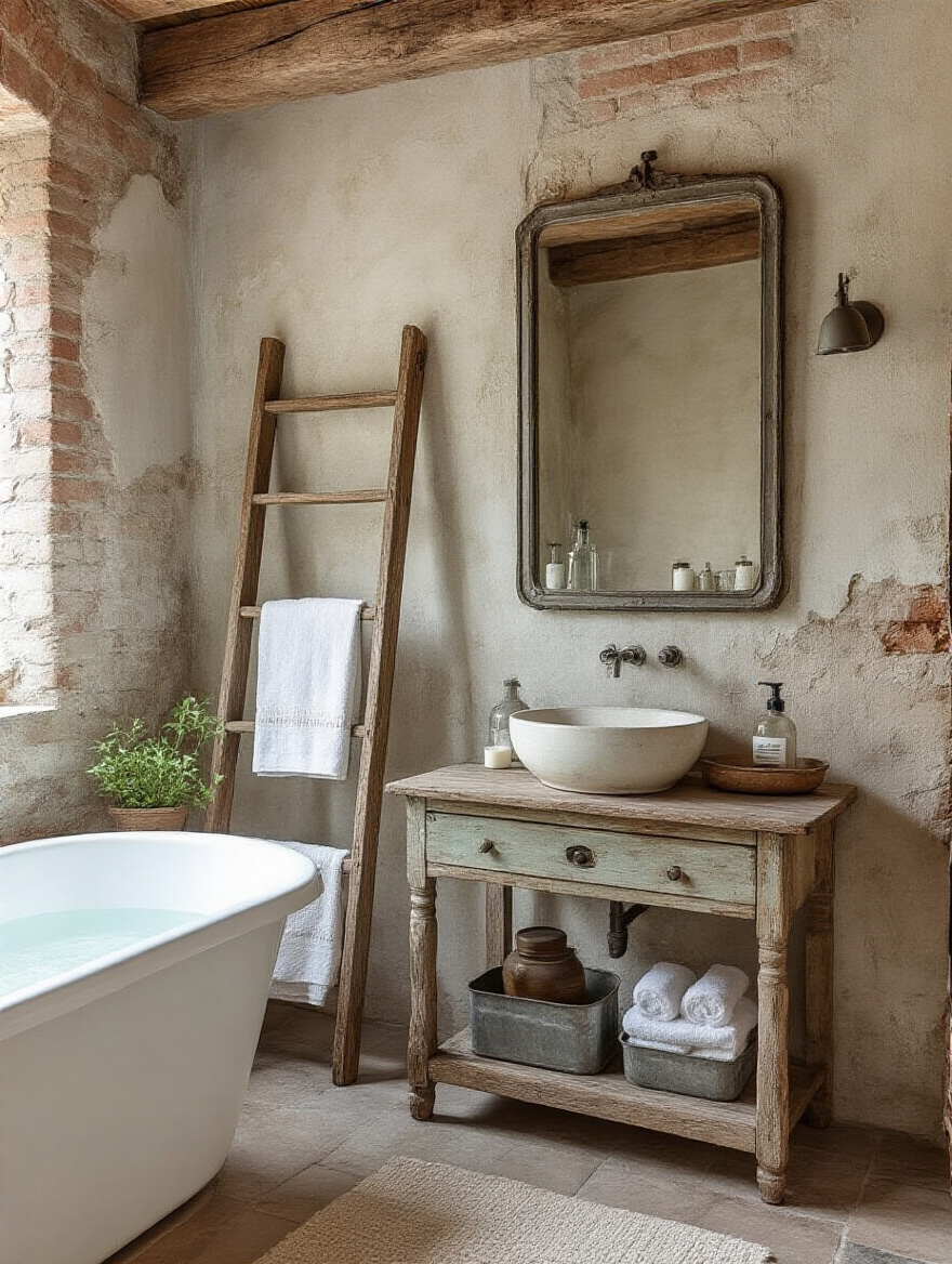 Portrait of rustic bathroom corner with vintage repurposed items storytelling display