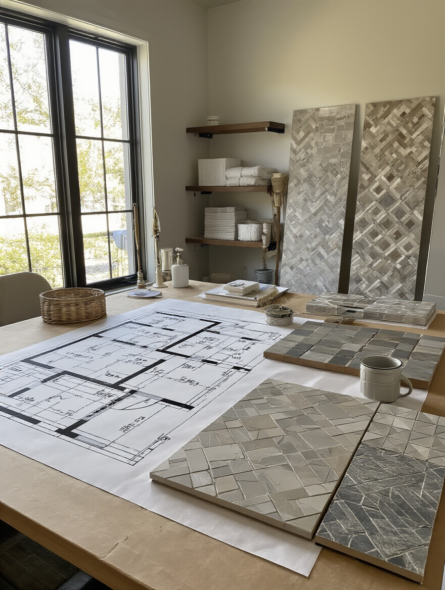 Portrait view of a bathroom design planning scene with floor plan and tile samples