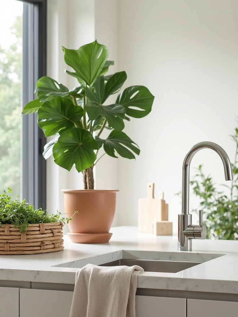 Modern kitchen featuring lush green plants, wooden cutting boards, and woven decor on a sleek island, illustrating how organic touches soften a contemporary design. Bright natural light, professional interior shot.