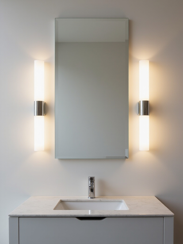 A modern bathroom vanity featuring a large rectangular mirror flanked by two elegant vertical wall-mounted LED sconces, providing bright, even bathroom task lighting. The vanity has a clean white countertop and minimal decor, creating a sophisticated and functional space.