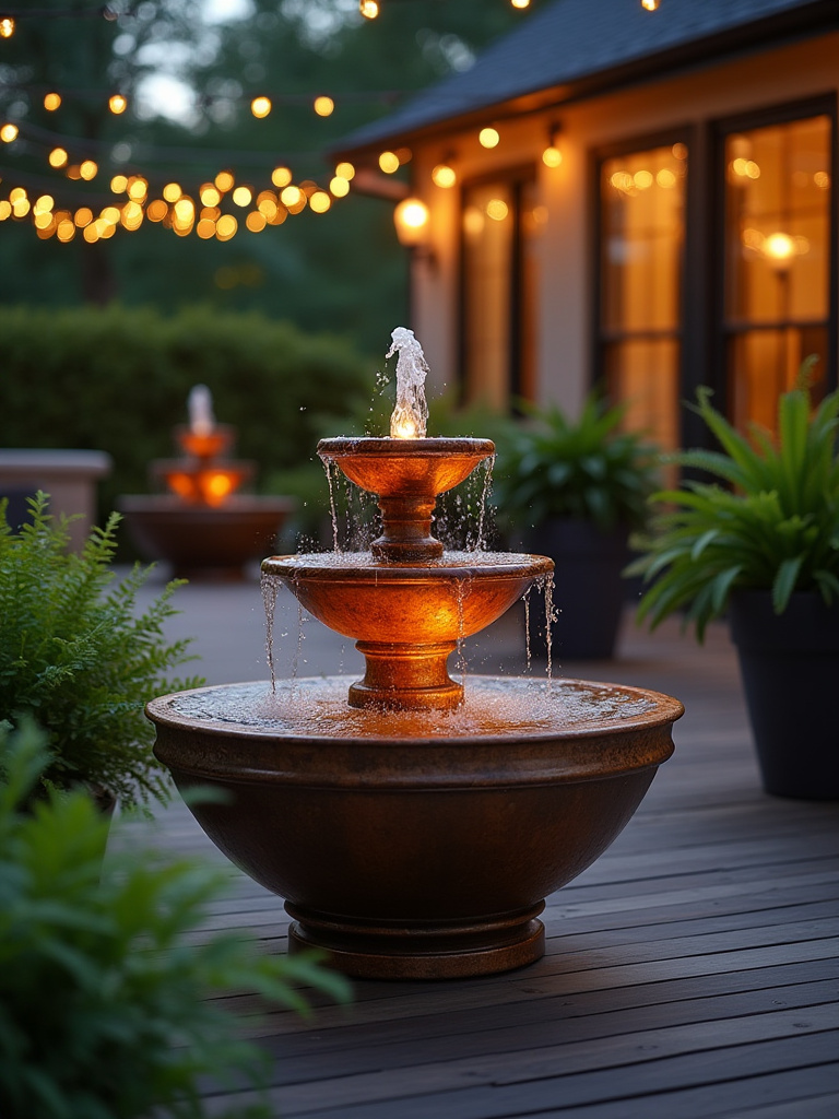 Vertical view of an elegant, multi-tiered copper water fountain with integrated lighting, set on a dark composite deck with lush potted ferns, creating a serene ambiance.