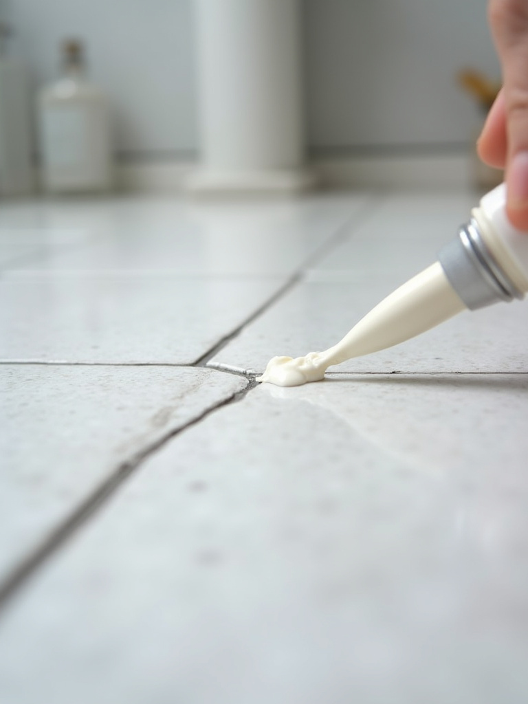 Close-up of a small hairline crack in light grey ceramic bathroom floor tile being filled with white epoxy, preventing potential water damage.