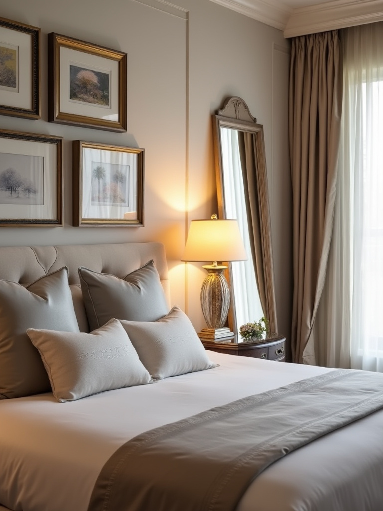 Master bedroom with an elegant gallery wall above the bed and a large standing mirror reflecting natural light, showcasing thoughtful artwork and mirror placement.