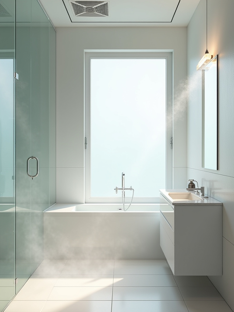 A pristine, modern bathroom with a faint trace of steam on the mirror, clean tiled floor, and a visible ceiling exhaust fan, illustrating the need to assess bathroom humidity and ventilation.