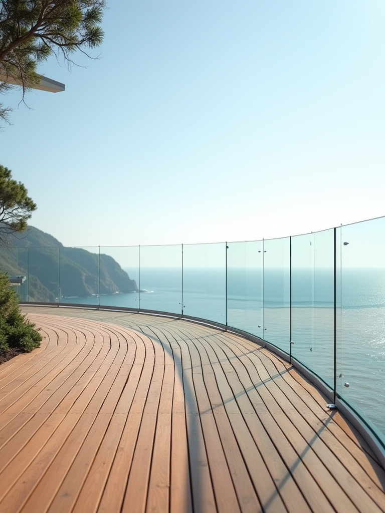 Modern deck with clear glass panel railing system offering panoramic ocean view during a sunny afternoon.