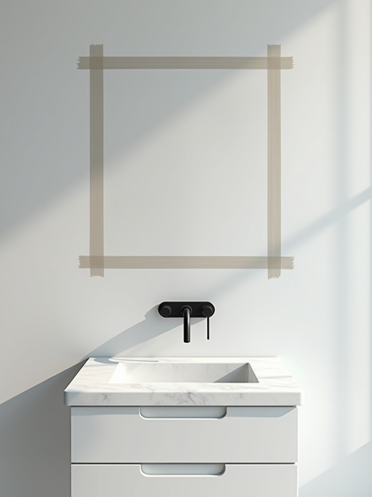 Contemporary bathroom vanity wall with painter's tape outlining a planned mirror, assessing available space for bathroom mirror ideas.