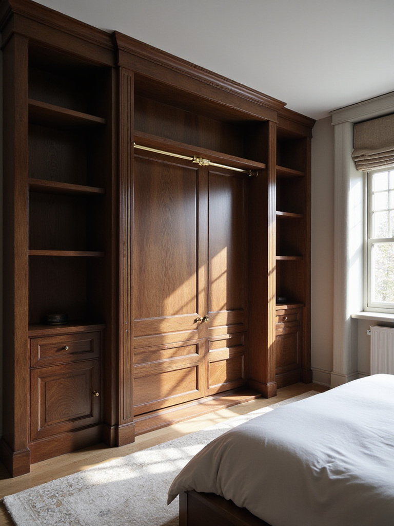 Luxurious master bedroom with custom dark wood built-in wardrobe, bespoke millwork cabinetry, integrated storage, sophisticated bedroom design.