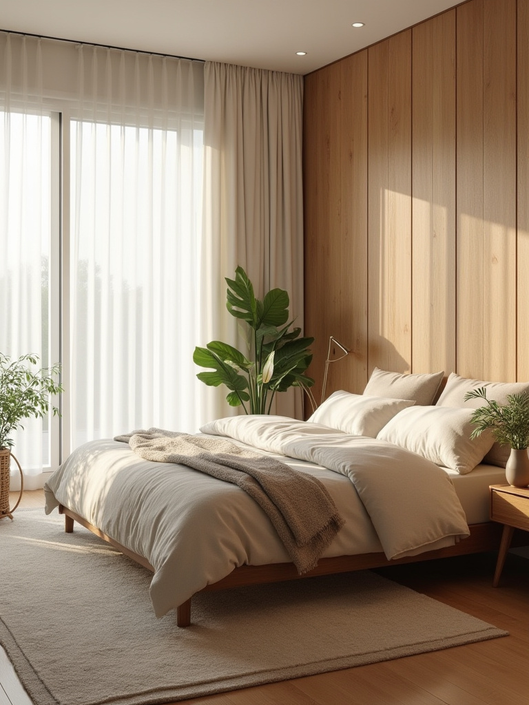 A master bedroom featuring biophilic design elements with indoor plants, natural wood furniture, linen bedding, and ample natural light, creating a calm and serene atmosphere.