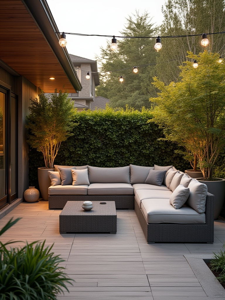 Luxurious outdoor living space with prioritized core elements like comfortable seating, ambient lighting, and elegant planters, showcasing a wise deck decorating budget strategy.
