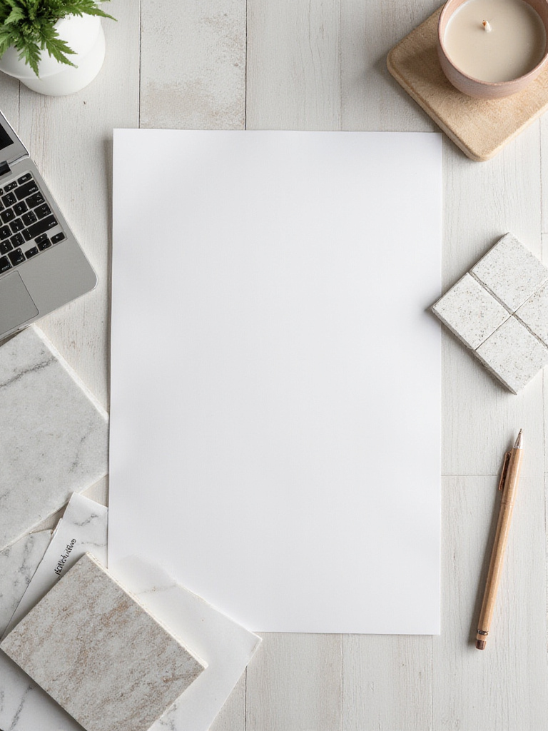A visually balanced arrangement of various elegant bathroom flooring samples on a clean planning surface, representing careful financial consideration for a bathroom renovation project without showing any specific budgeting tools.