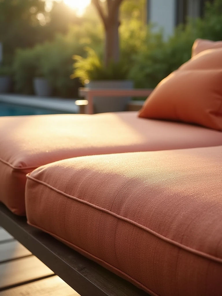 Close-up of a vibrant, durable outdoor fabric cushion on a deck, showing its fade and mildew resistant qualities. Perfect for stunning deck decorating ideas.