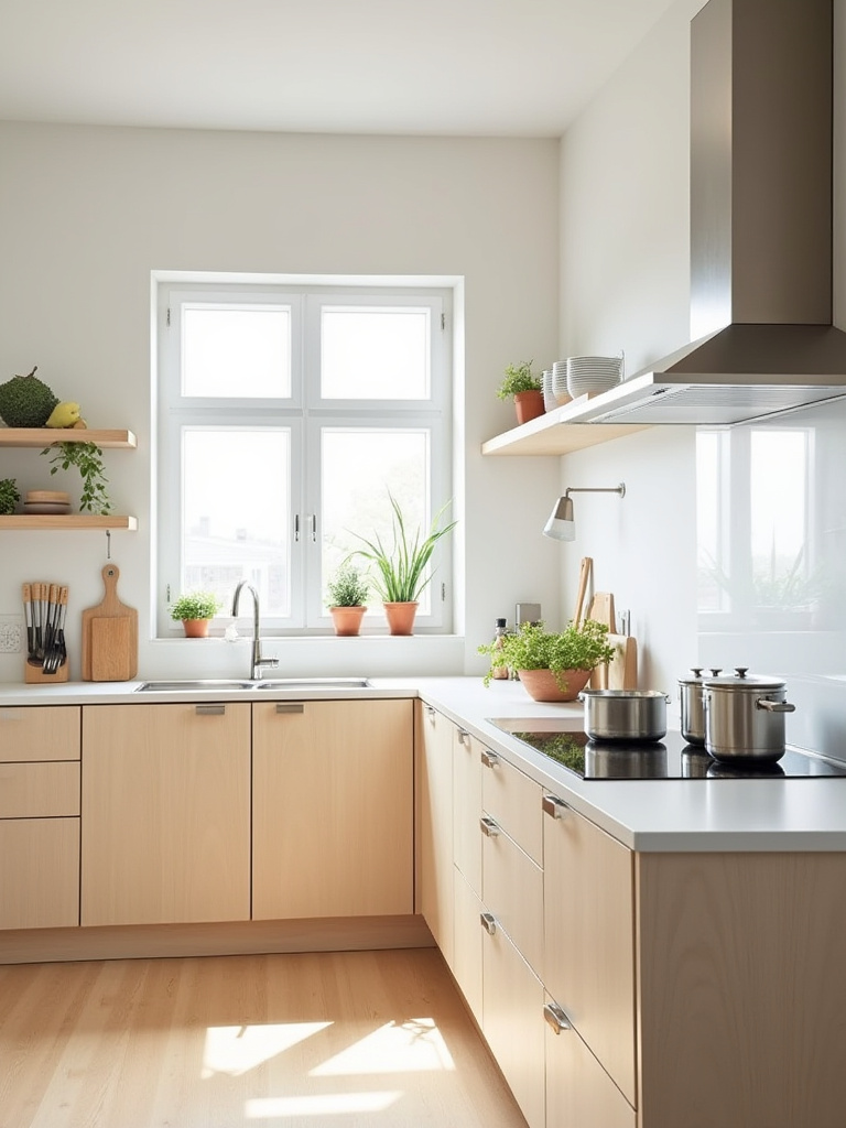 A clean, minimalist Scandinavian kitchen featuring integrated appliances and functional layout, showcasing purposeful design over excessive ornamentation.