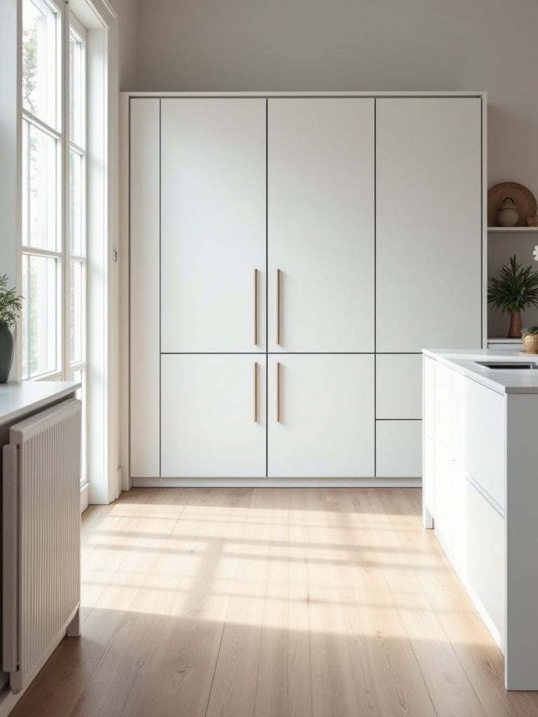 Seamless white matte Scandinavian kitchen cabinetry concealing integrated refrigerator and dishwasher, with light oak flooring.