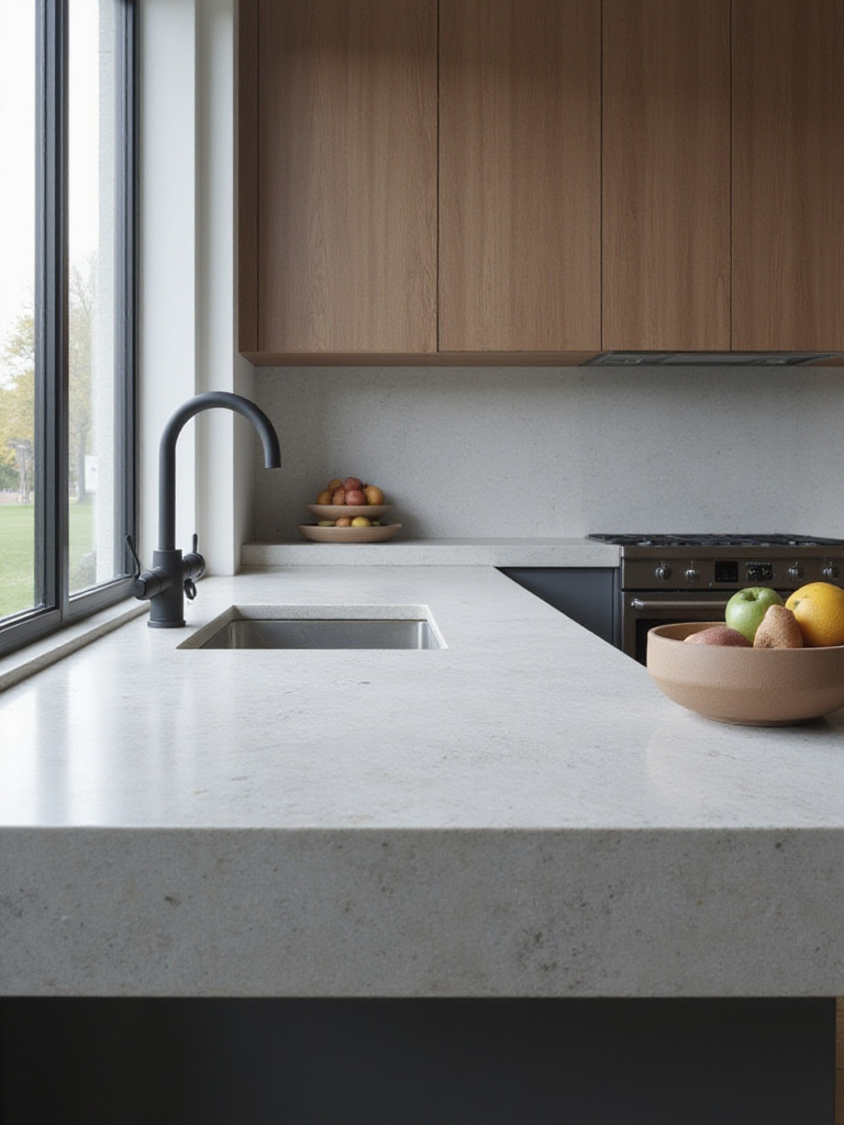 Modern kitchen with resilient light grey quartz countertop, featuring a sleek faucet and minimalist decor.