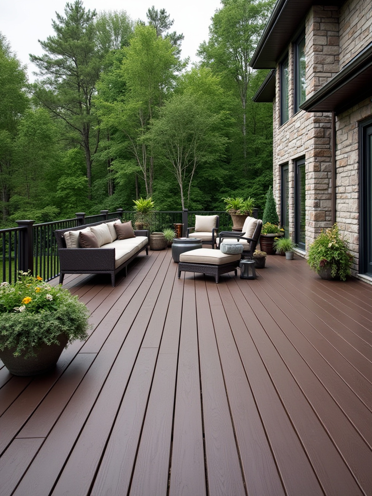 A modern composite deck with an espresso brown color, perfectly harmonized with a stone house facade and green landscaping, showcasing durable deck color palette selection.