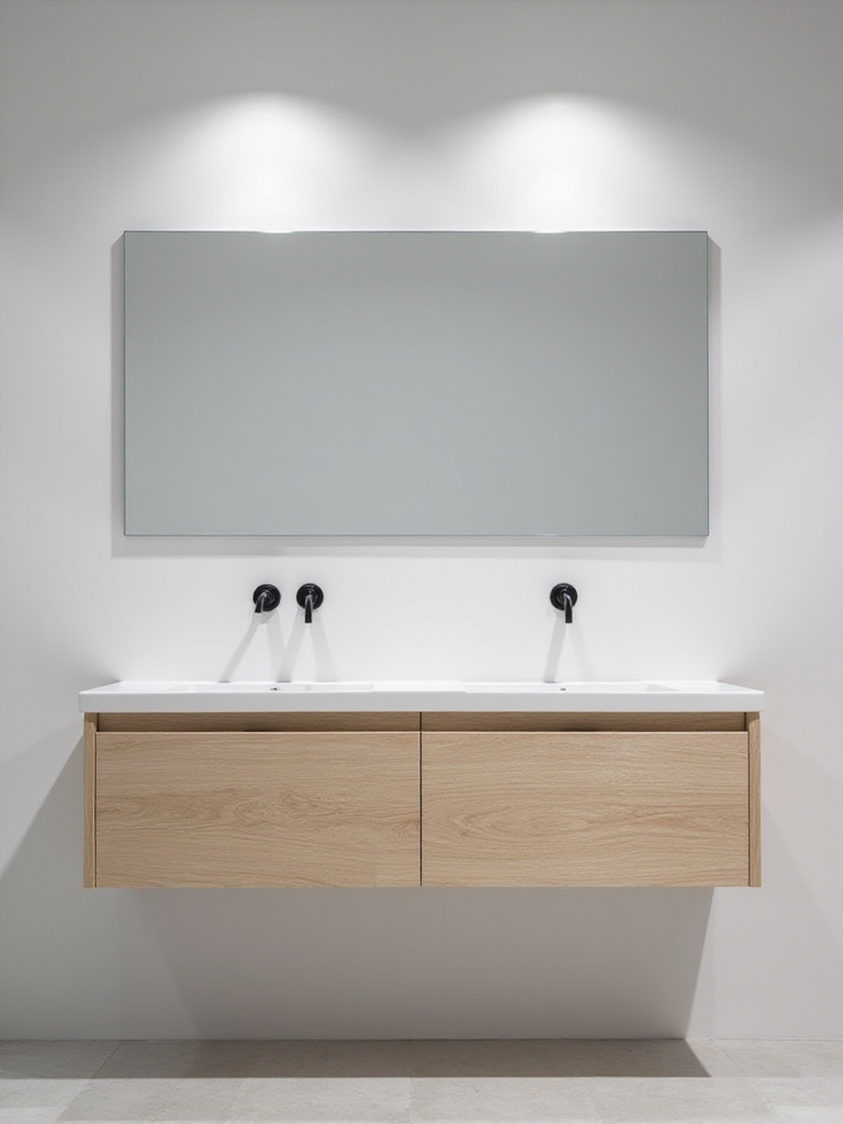Rectangular frameless bathroom mirror perfectly harmonizing with matte black modern faucets and a floating wood vanity.